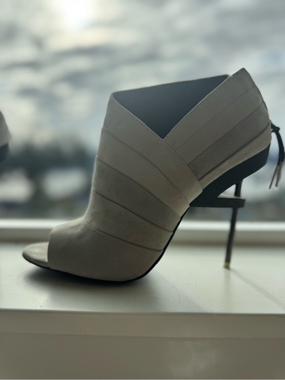 L.A.M.B. Light Gray Peep-Toe Suede Ankle Booties - Picture 2 of 5